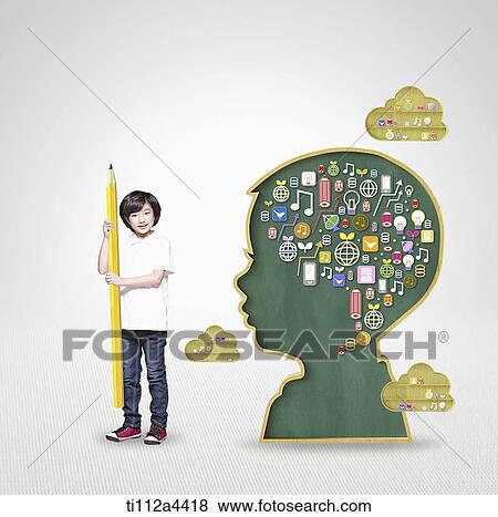 a kid holding large pencil standing next to human with icon brain View Large Photo Image Stock Photo - a kid holding large pencil standing next to human with icon brain. Fotosearch