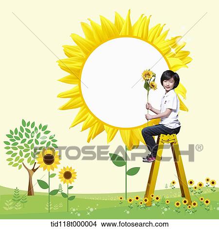 Picture - a kid holding sunflowers. Fotosearch
