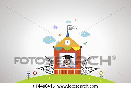 Stock Photography - a kid inside illustrated school. Fotosearch