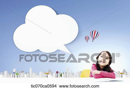 Picture - a kid leaning at desk with empty speech bubble. Fotosearch