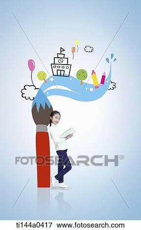 a kid leaning on illustrated paint brush View Large Photo Image Stock Photo - a kid leaning on illustrated paint brush. Fotosearch