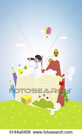 Stock Photo - a kid on a illustrated land. Fotosearch