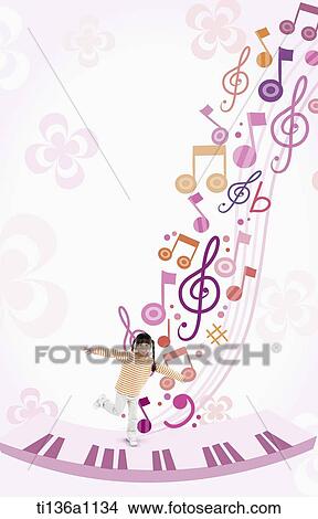 a kid on a piano with musical notes behind View Large Photo Image Picture - a kid on a piano with musical notes behind. Fotosearch
