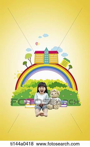 a kid sitting in front of illustrated school View Large Photo Image Stock Photo - a kid sitting in front of illustrated school. Fotosearch