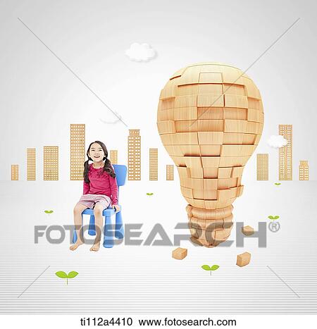 a kid sitting next to a wooden light bulb View Large Photo Image Stock Image - a kid sitting next to a wooden light bulb. Fotosearch