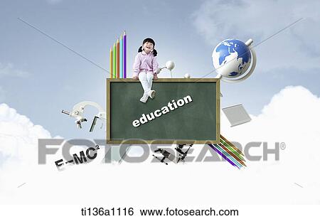 a kid sitting on a black board with a word education in the sky View Large Photo Image Stock Photograph - a kid sitting on a black board with a word education in the sky. Fotosearch