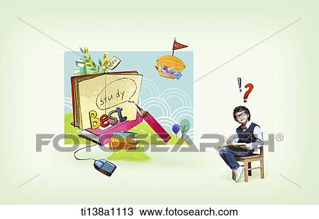 Stock Image - a kid sitting on a chair next to illustrated drawing. Fotosearch