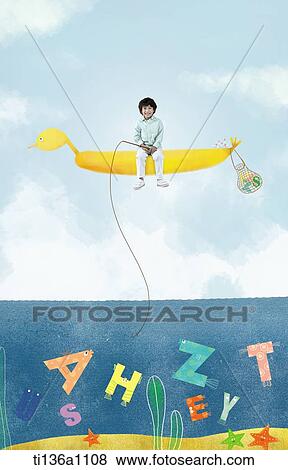 a kid sitting on a duck fishing alphabets View Large Photo Image Stock Photo - a kid sitting on a duck fishing alphabets. Fotosearch