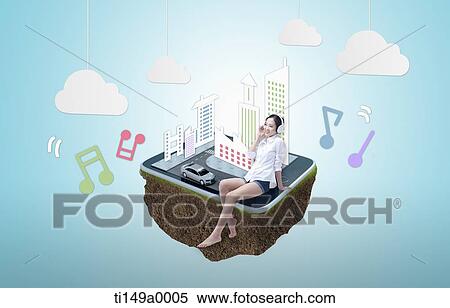 a kid sitting on a floating land listening to music View Large Photo Image Stock Photography - a kid sitting on a floating land listening to music. Fotosearch
