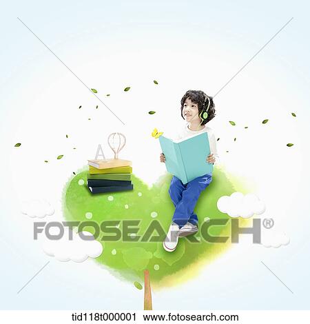 a kid sitting on a heart reading a book View Large Photo Image Stock Image - a kid sitting on a heart reading a book. Fotosearch