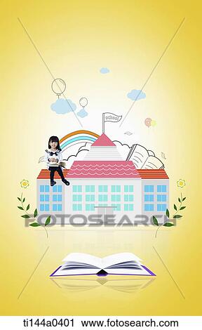 Stock Image - a kid sitting on a illustrated school. Fotosearch