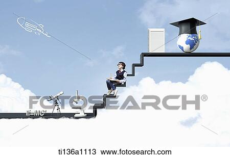 a kid sitting on a stair with science equipment View Large Photo Image Stock Image - a kid sitting on a stair with science equipment. Fotosearch