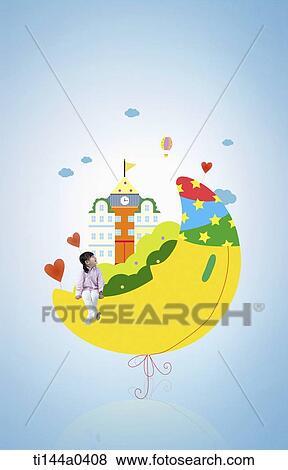a kid sitting on illustrated moon View Large Photo Image Stock Photo - a kid sitting on illustrated moon . Fotosearch