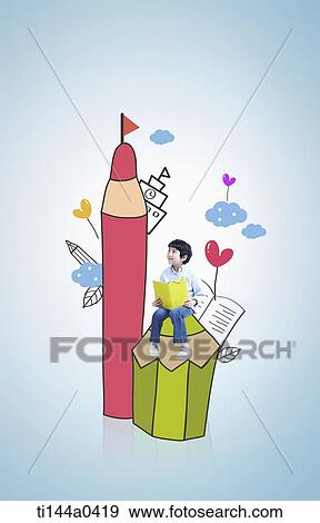 a kid sitting on illustrated pencil View Large Photo Image Stock Photo - a kid sitting on illustrated pencil. Fotosearch