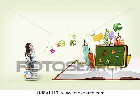 Stock Photo - a kid sitting on pile of book next to illustration . Fotosearch