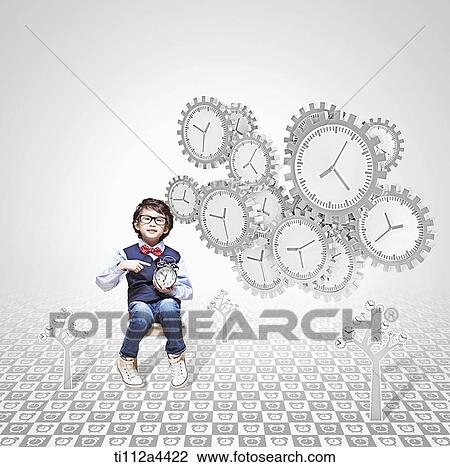 Stock Image - a kid sitting with a clock next to gear clocks. Fotosearch