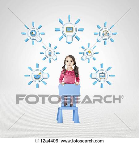a kid surrounding by light bulbs with icons View Large Photo Image Stock Photograph - a kid surrounding by light bulbs with icons. Fotosearch
