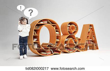 Stock Photo - a kid thinking standing next to Q&A. Fotosearch