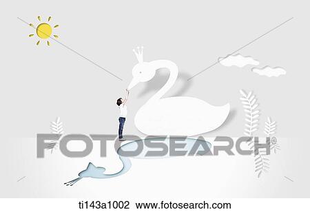 Stock Image - a kid touching a illustrated swan. Fotosearch