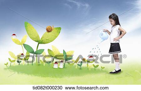 a kid watering illustrated plants View Large Photo Image Stock Image - a kid watering illustrated plants. Fotosearch
