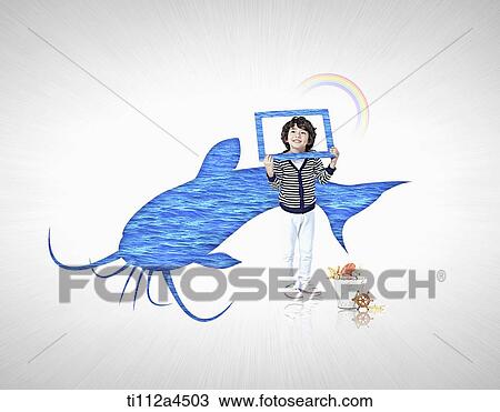a kid with illustrated fish View Large Photo Image Stock Image - a kid with illustrated fish. Fotosearch