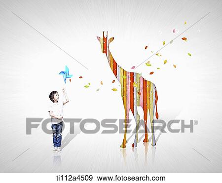 a kid with illustrated giraffe View Large Photo Image Stock Photo - a kid with illustrated giraffe. Fotosearch
