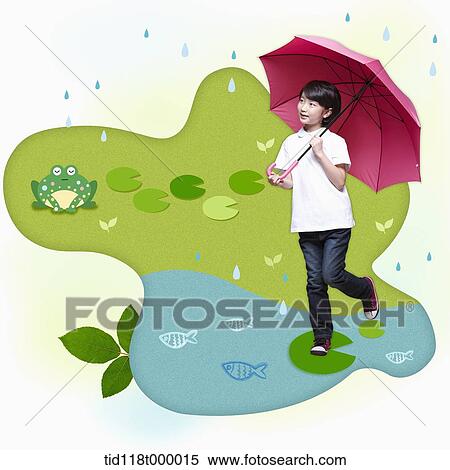 a kid with umbrella walking on lotus leaf View Large Photo Image Stock Photography - a kid with umbrella walking on lotus leaf. Fotosearch