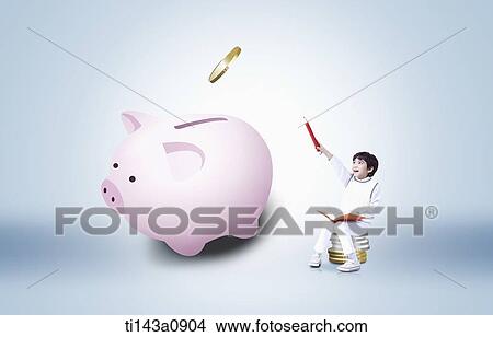 Picture - a kids sitting on a pile of coins next to a piggy bank. Fotosearch