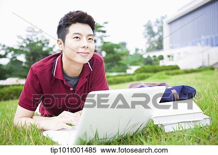 a man lying on the grass using laptop View Large Photo Image Stock Photography - a man lying on the grass using laptop. Fotosearch
