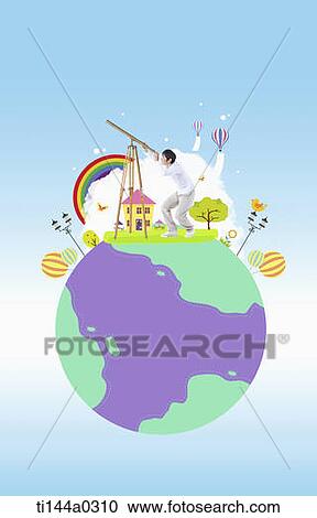 a man standing on an illustrated globe View Large Photo Image Stock Image - a man standing on an illustrated globe. Fotosearch