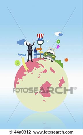 Stock Image - a man standing on an illustrated globe. Fotosearch