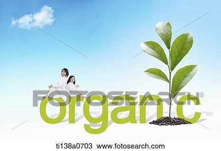 Stock Image - a mother and a daughter sitting on the word organic. Fotosearch