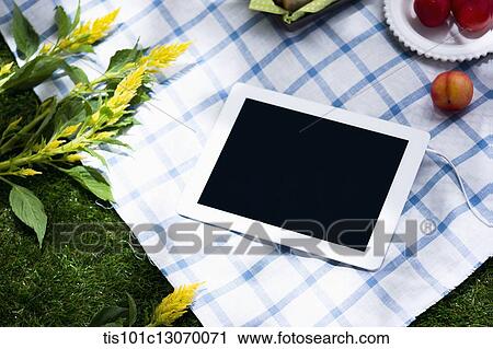 a picnic set and a tablet spread out on a sheet View Large Photo Image Stock Image - a picnic set and a tablet spread out on a sheet. Fotosearch