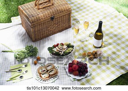 Stock Image - a picnic set spread out on a sheet. Fotosearch
