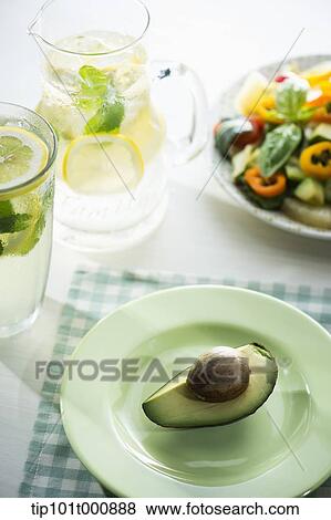 Stock Photo - a plate of avocado and glasses of water. Fotosearch