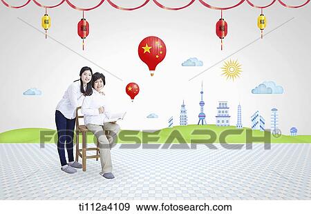 Stock Photo - a woman and a grandmother next to a Chinese city. Fotosearch