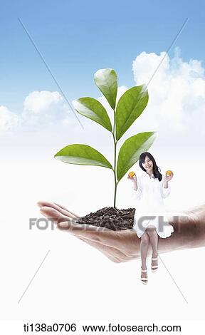 Stock Photograph - a woman and a plant sitting on a hand . Fotosearch