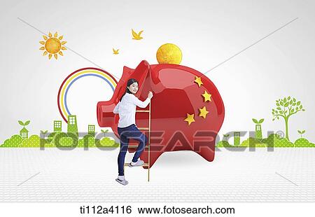 a woman climbing up to a piggy bank of Chinese flag View Large Photo Image Stock Photograph - a woman climbing up to a piggy bank of Chinese flag. Fotosearch