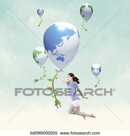 Stock Photography - a woman flying in the sky with a globe . Fotosearch