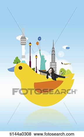 a woman flying over an illustrated duck View Large Photo Image Stock Photo - a woman flying over an illustrated duck. Fotosearch