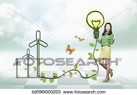 Stock Image - a woman holding illustrated light bulb . Fotosearch