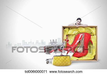 a woman leaning on a box of high heels View Large Photo Image Stock Image - a woman leaning on a box of high heels. Fotosearch
