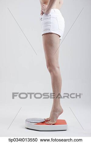 Stock Image - a woman measuring herself on weighing scale. Fotosearch