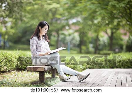 a woman sitting on a bench reading a book View Large Photo Image Stock Photo - a woman sitting on a bench reading a book. Fotosearch