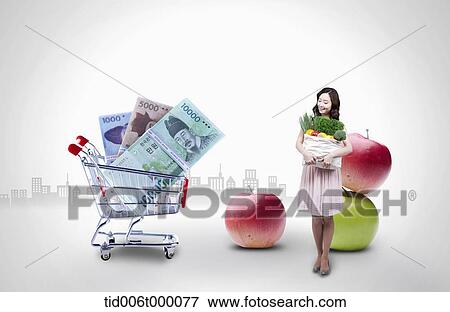 a woman standing next to a shopping cart with money View Large Photo Image Stock Photo - a woman standing next to a shopping cart with money. Fotosearch