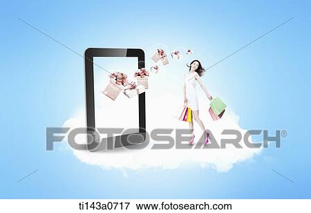Stock Photo - a woman standing next to a tablet. Fotosearch