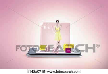Stock Photography - a woman standing on a tablet. Fotosearch