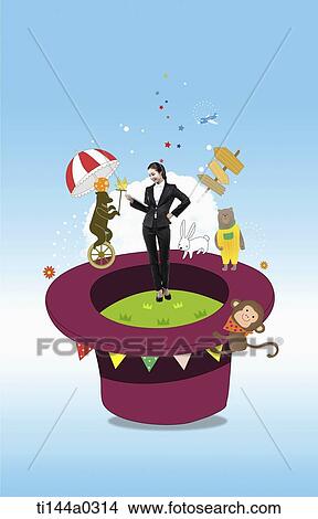 Picture - a woman standing on an illustrated top hat. Fotosearch