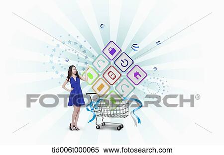 a woman with a shopping cart with icon options View Large Photo Image Stock Photography - a woman with a shopping cart with icon options. Fotosearch