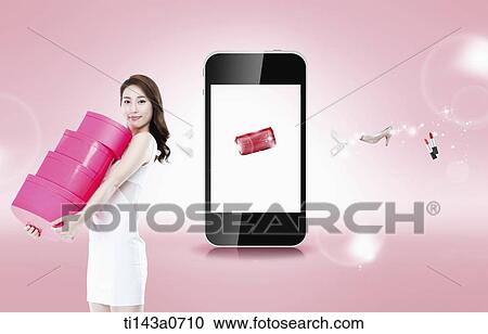 Stock Image - a woman with boxes standing next to a smart phone. Fotosearch